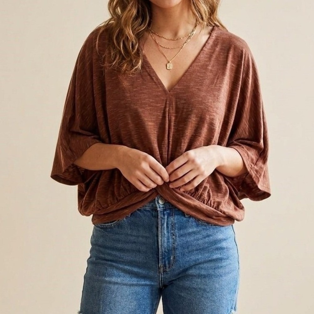 Good Luck Gem Womens Large Rust Color Twist Front V Neck Drapey Blouse Top